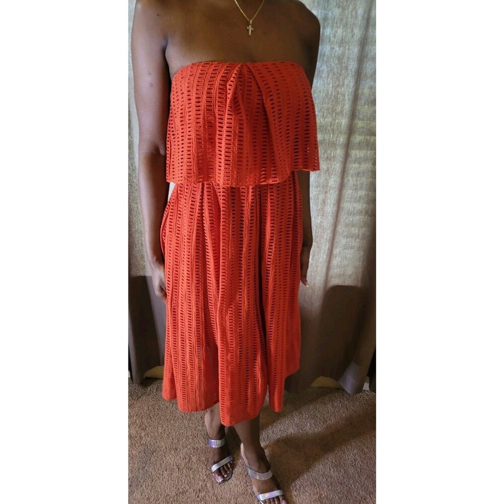 Saylor  Dress Women's Medium Strapless Vibrant  Orange Midi Eyelet Quiet Luxury